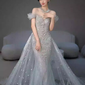 Váy cưới kiểu Pháp mới trễ vai Váy chính nặng tay Chất liệu cao cấp, đuôi váy nhỏ - VDH121 (1)