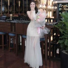 Đầm dạ hội dự tiệc cổ yếm ren hoa phối lưới xòe bồng - DHLK20 (4)