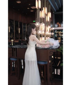 Đầm dạ hội dự tiệc cổ yếm ren hoa phối lưới xòe bồng - DHLK20 (4)